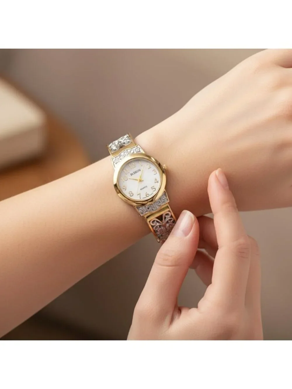Women's Two-Tone Japanese Quart 28mm Case Elegantly Designed Cuff Bangle Watch